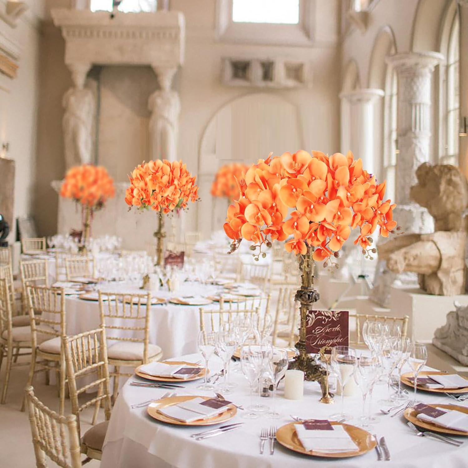 38 Inch Orange Orchids Artificial Flowers 6 PCS Fake Orchids Velvet Silk Orchids Faux Orchid Flowers Long Stem Artificial Flowers for Tall Vase for Home Wedding Decoration(Orange)