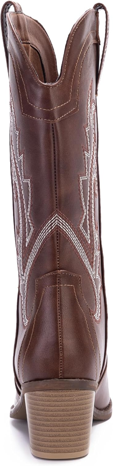 Women's Cowboy Boots Pointed Toe Western Boots Embroidered Mid-Calf Chunky Block Heel Cowgirl Boots - Image 7