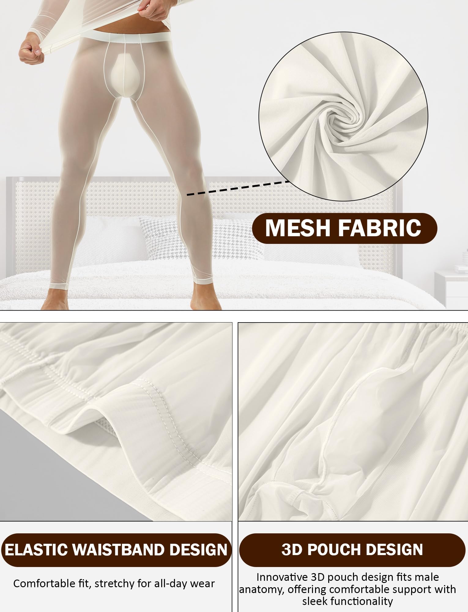 AIEOE Hommes Sous-Vêtements Ensemble Pyjama fin en Soie Transparente Tops élastiques Sexy Pantalons EU XS-XL