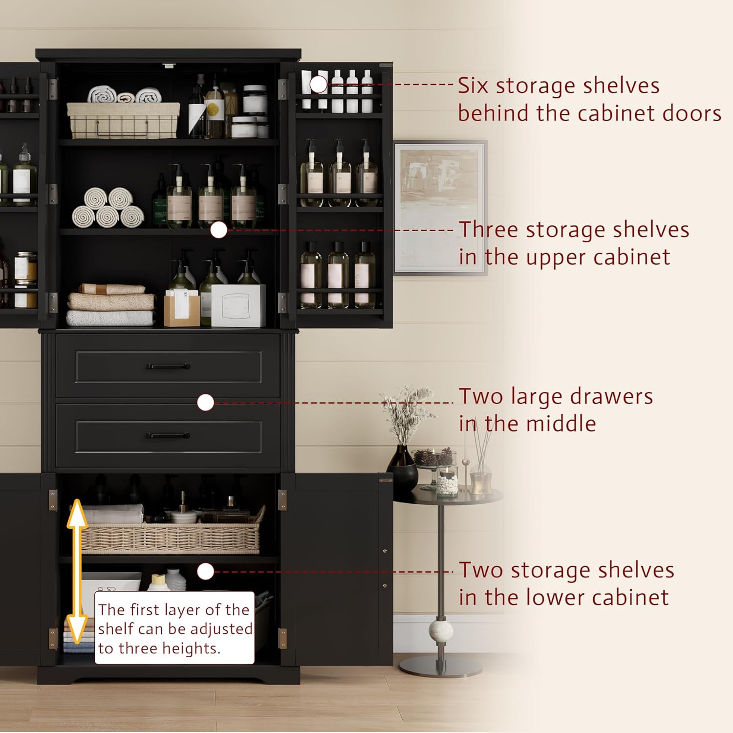 Merax Wood Storage Cabinets with 2 Drawers & 4 Doors, Tall Versatile Storage Organizer for Cupboard/Dining Room/Bathroom/Living Room/Home Office/Laundry Room, Adjustable Shelf, Black