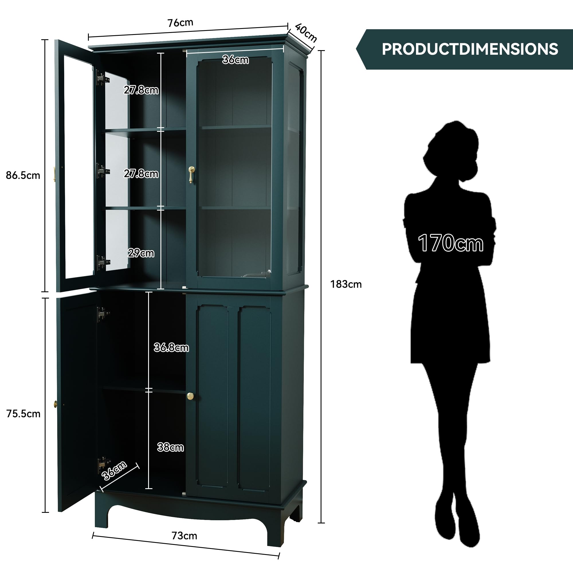 HOLTICO Vetrina Espositiva Soggiorno, Armadio Cucina Indipendente con Ante in Vetro e Legno, Cristalliera Classica con Ripiani Regolabili, Mobili Cucina per Collezionismo, Cucina e Soggiorno, verde
