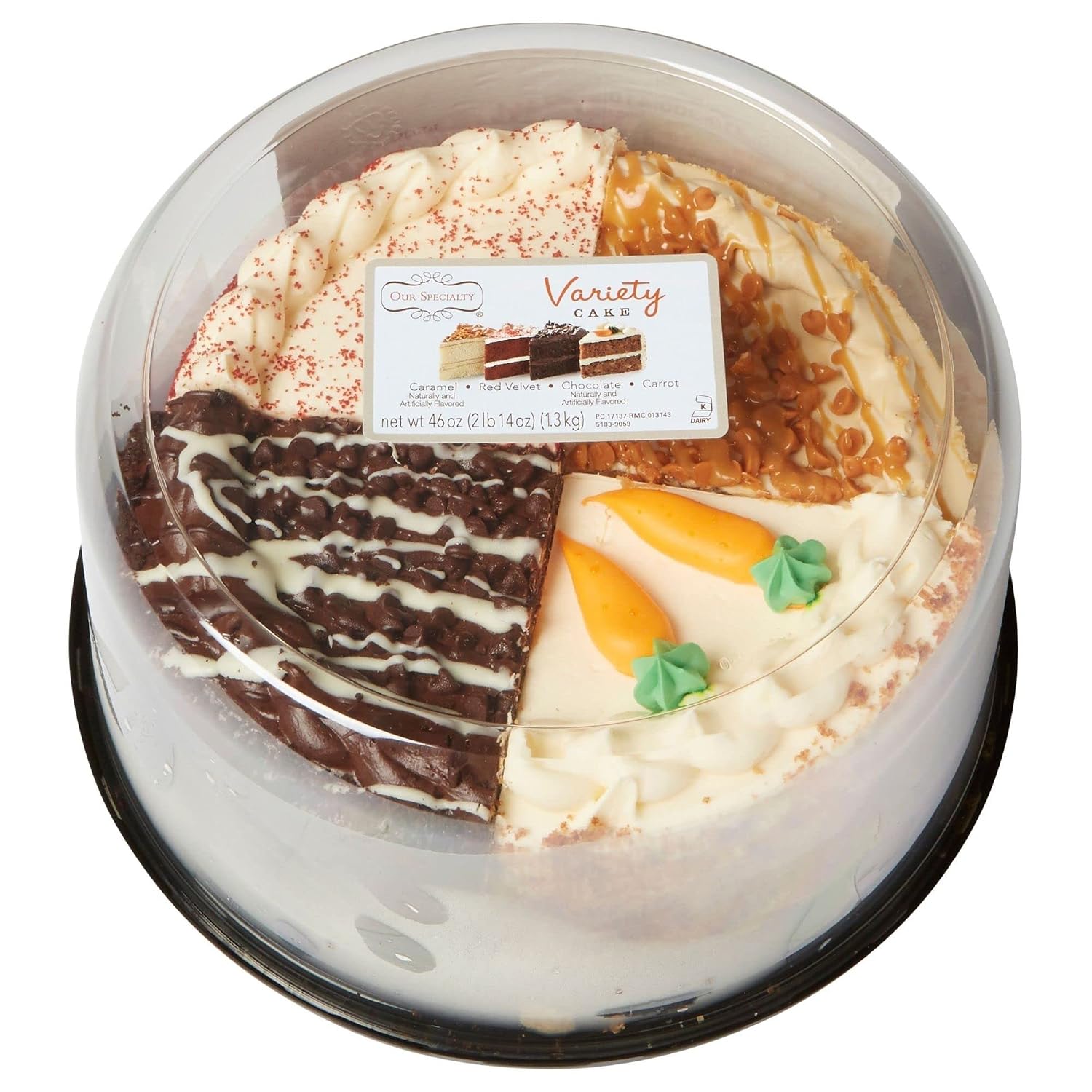 Our Specialty 8" Double Layer Variety Cake, Caramel, Carrot, Chocolate & Red Velvet, 46 oz (frozen: 0 degrees)
