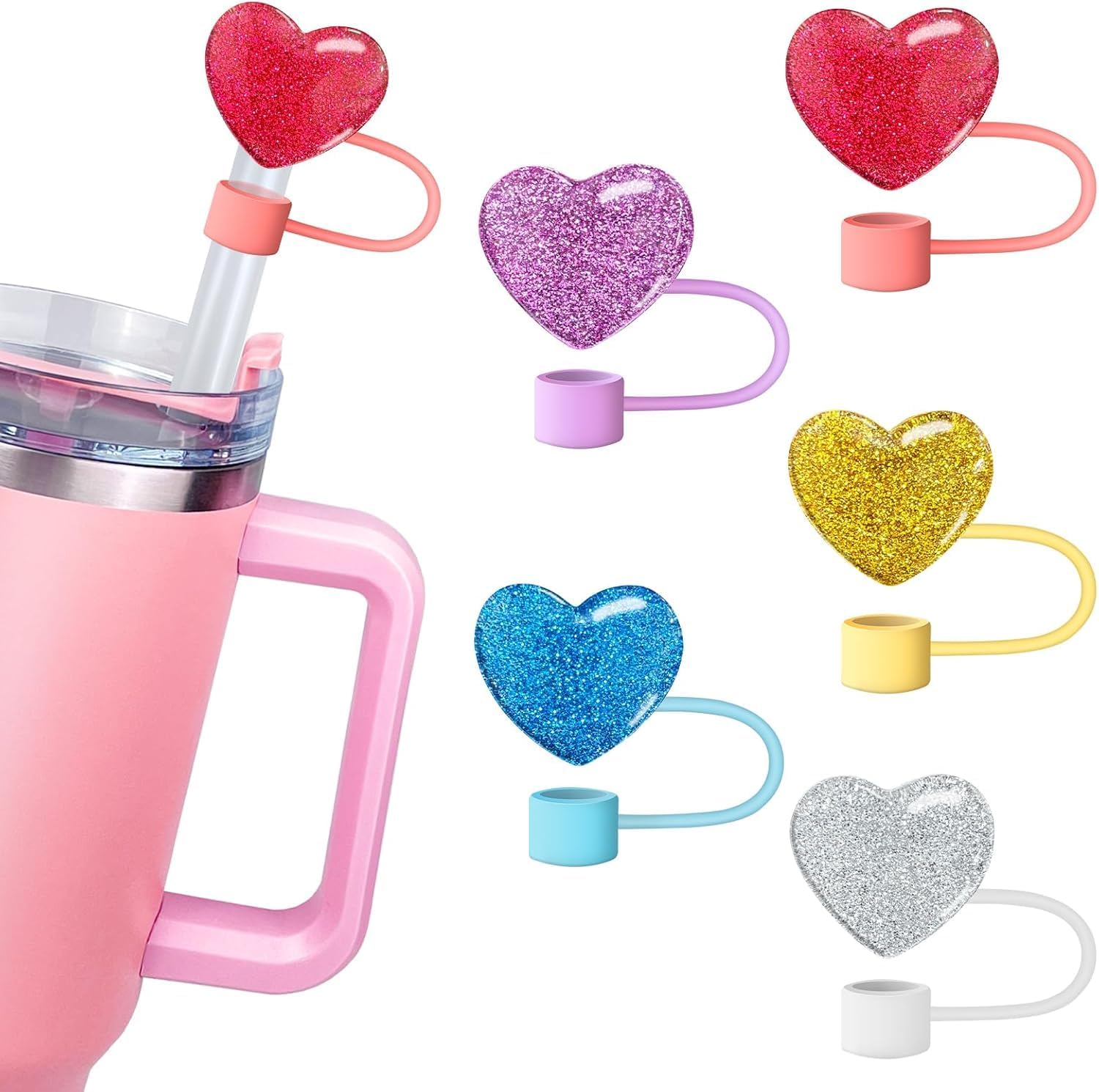 Bling Hearts Straw Cover for Stanley 40&30 Oz Cup, 10mm Silicone Straw Covers Cap for Stanley Cup Accessories, Cute Straw Topper for Tumblers, Straw Cap Stopper for Reusable Straws Tip Lids (Red) - Image 2