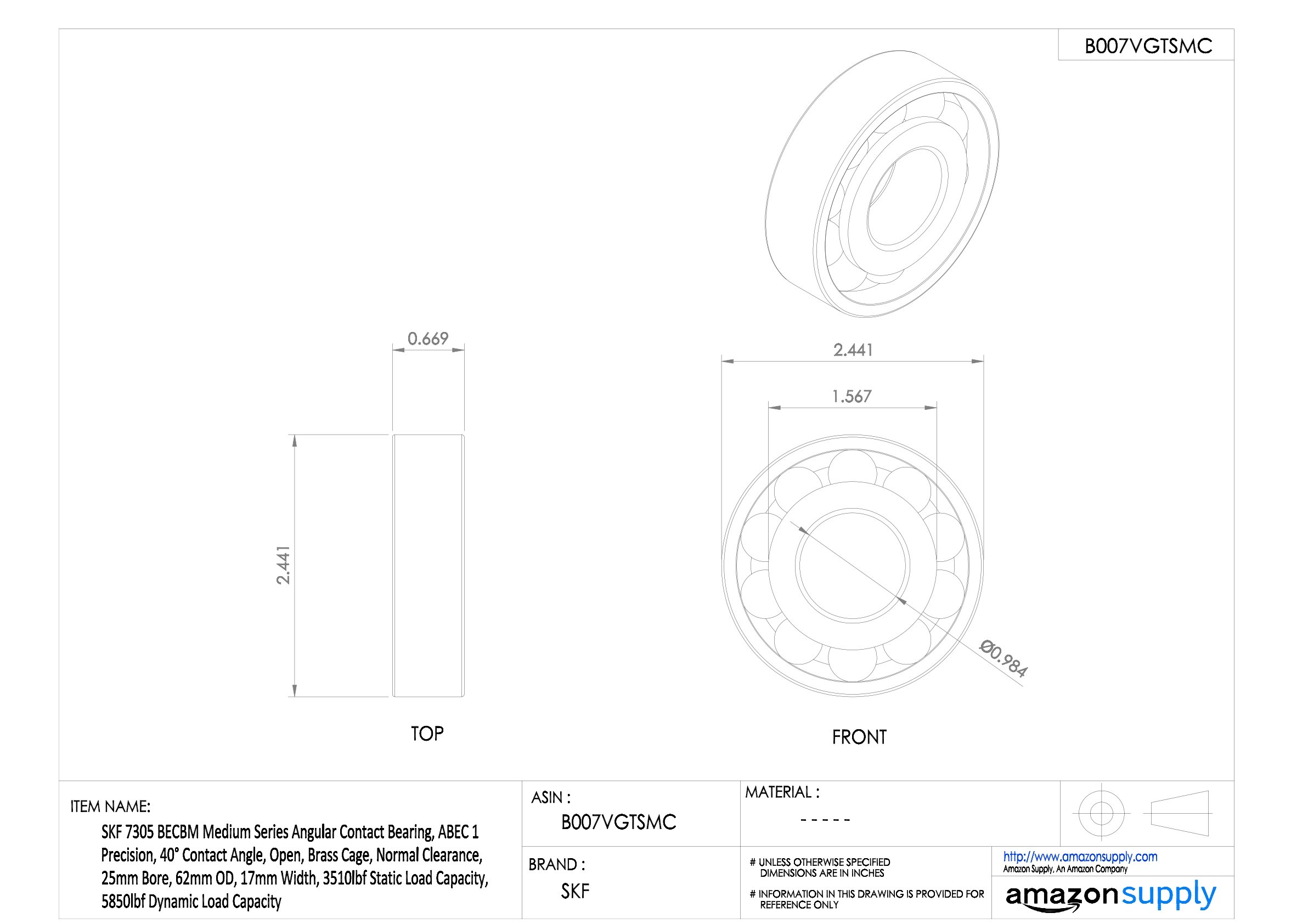 SKF 7305 BECBM - Rodamiento de bolas radial de contacto (acero)