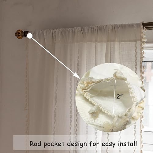 Miniatura 6 de 2 paneles de cortinas de lino bohemias y rústicas, con bordado y bolsillo para cortinero, filtran la luz, para sala de estar y habitación, 52" de