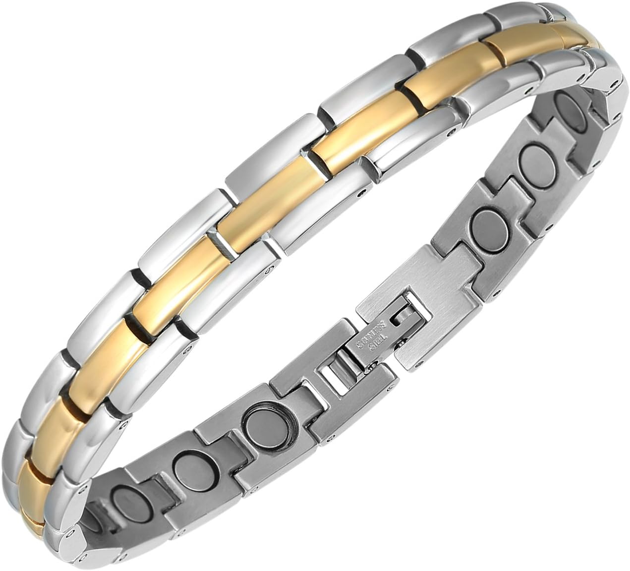 MOOCARE Two Tone Sleek Adjustable Link Stainless Steel Magnetic Golf Bracelet for Women and Men with Strong Fold-Over Clasp