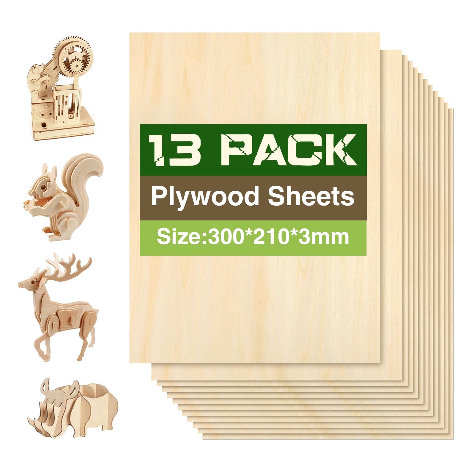 Sperrholzplatte 3mm, A4 300x210mm 13 Stück Holzbrettchen, Holz Holzplatte Leimholzplatte Wood Bastelholz für Schnitzholz, DIY Bastelarbeiten, Holzzuschnitte, Modellbau