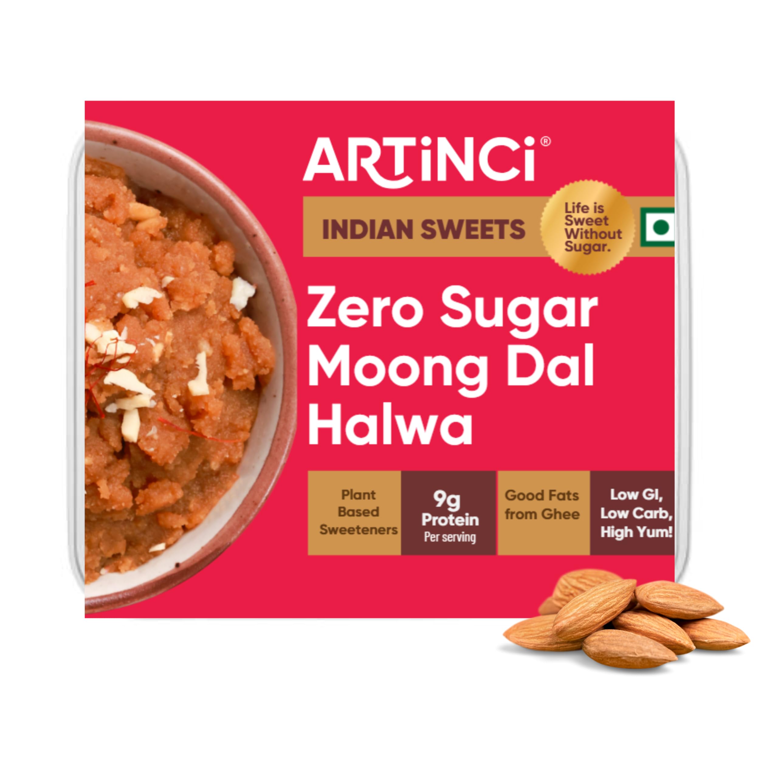 Artinci Sugar Free Moong Dal Halwa | High Protein, Low Carb & Keto Friendly | Made with Pure Desi Ghee | Diabetic Friendly Indian Sweet | No Added Sugar | 200 g