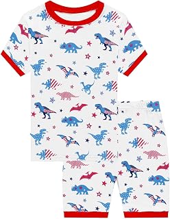 Little Hand Toddler Boys 4th of July Pajamas Sets American Flag Dinosaur Print Sleepwear Short Sleeves Jammies Summer Patriotic Pjs 6 Years