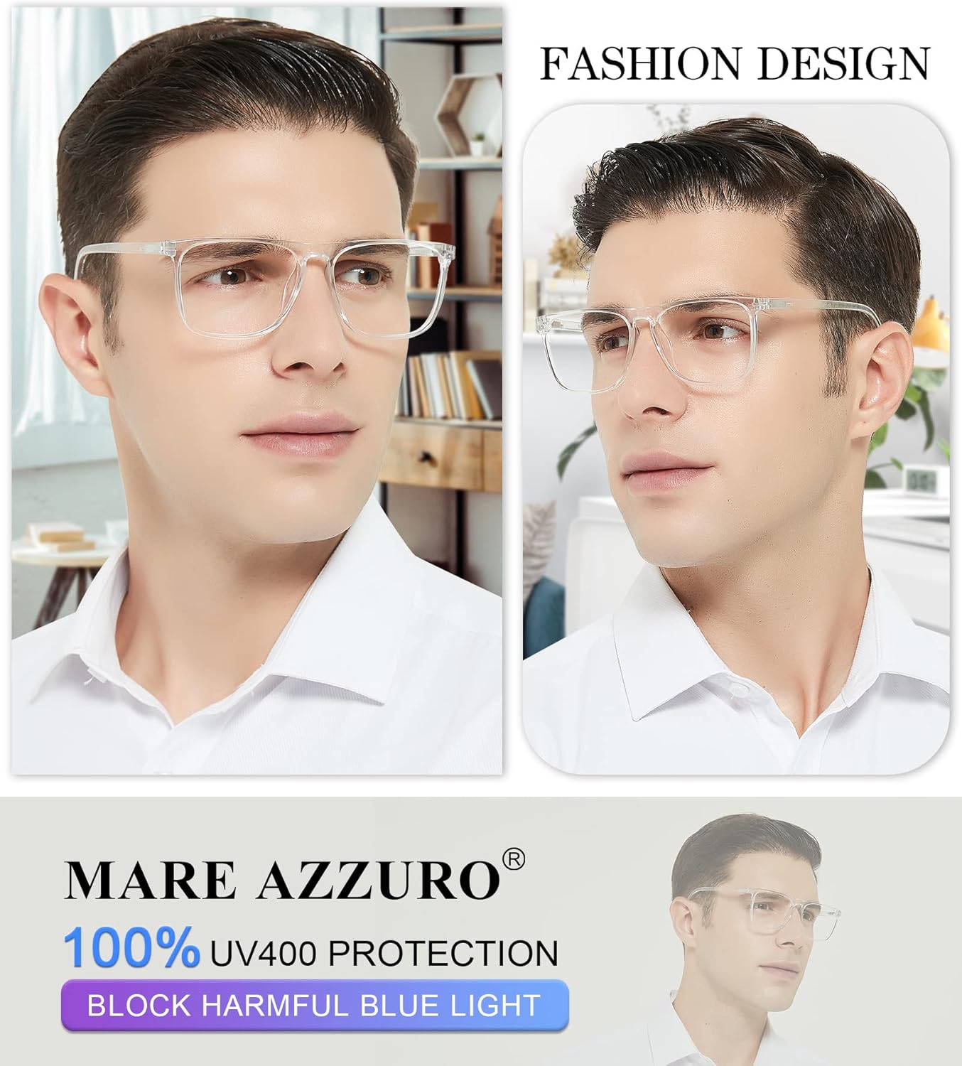 MARE AZZURO Large Blue Light Blocking Reading Glasses Men Computer Readers 0 1.0 1.25 1.5 1.75 2.0 2.25 2.5 2.75 3.0 3.5 4.0 5.0 6.0 (Transparent, 2.00) - Image 2