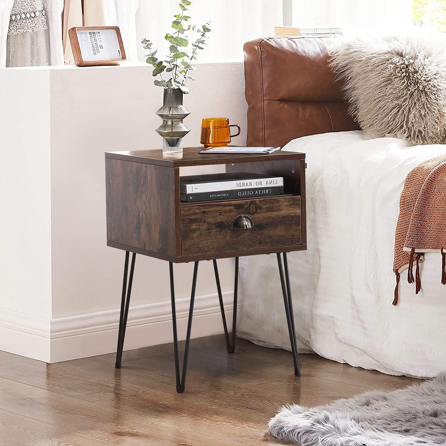 VECELO Nightstands Side End Tables with Drawer and Open Storage Shelf, Night Stand for Bedroom, Living Room, Metal Frame, Industrial Style, Set of 2, 2 Pack, Rustic Brown : Home & Kitchen