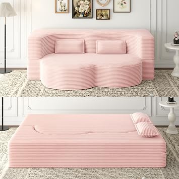 2 in 1 Convertible Folding Sofa Bed, Plush Corduroy Lazy Lounge Sofabed, Foam Folding Floor Sofa Bed, 78" Full Size Memory Foam Couch for Living Room Guestroom, No Assembly Sofabed Baby Pink