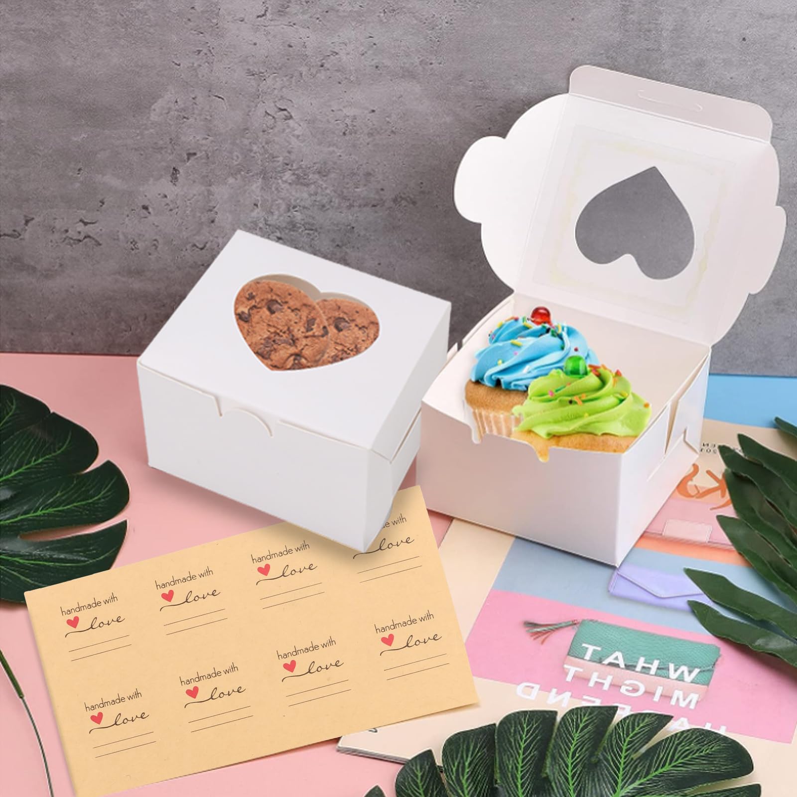 100 scatole piccole per torte, piccole scatole bianche per torte da 10 cm, con finestra trasparente ed etichette, scatole singole per cupcake, porzioni, regali, caramelle, biscotti, cupcake