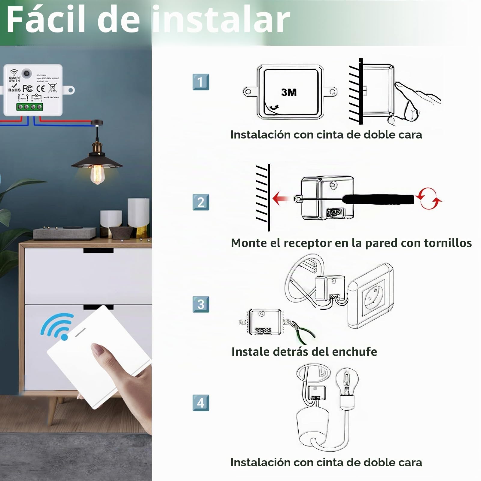 Interruptor de luz Inalámbrico, Interruptor Kit con Transmisor de RF y Controlador del Receptor 10A Fácil Instalación para Lámpara de Hasta 1500W, Control Remoto Alcance de 50M