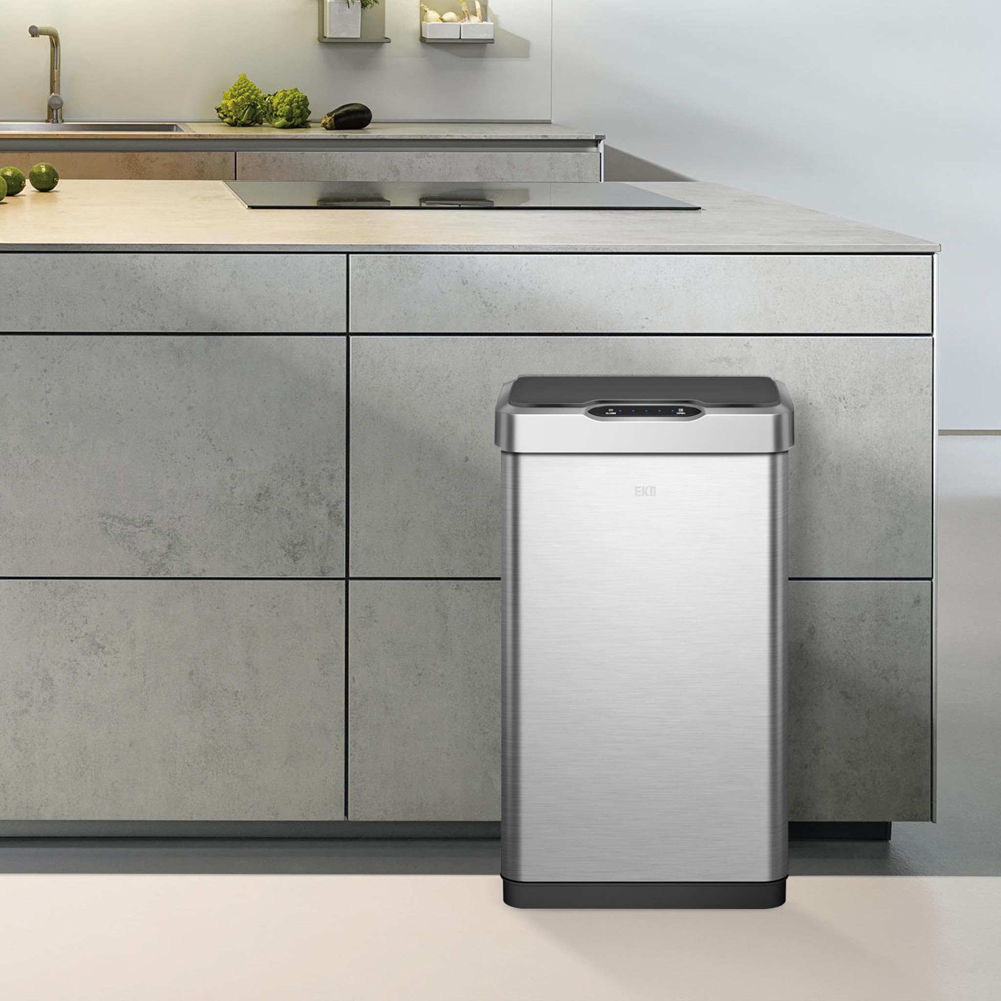 EKO Mirage-T 50L Mülleimer mit Sensor, Automatischer Abfalleimer für die Küche, Rechteckiger Bewegungssensor Mülleimer, Sanft Schließend mit Deckel, Fingerabdruckresistente, Gebürsteter Edelstahl
