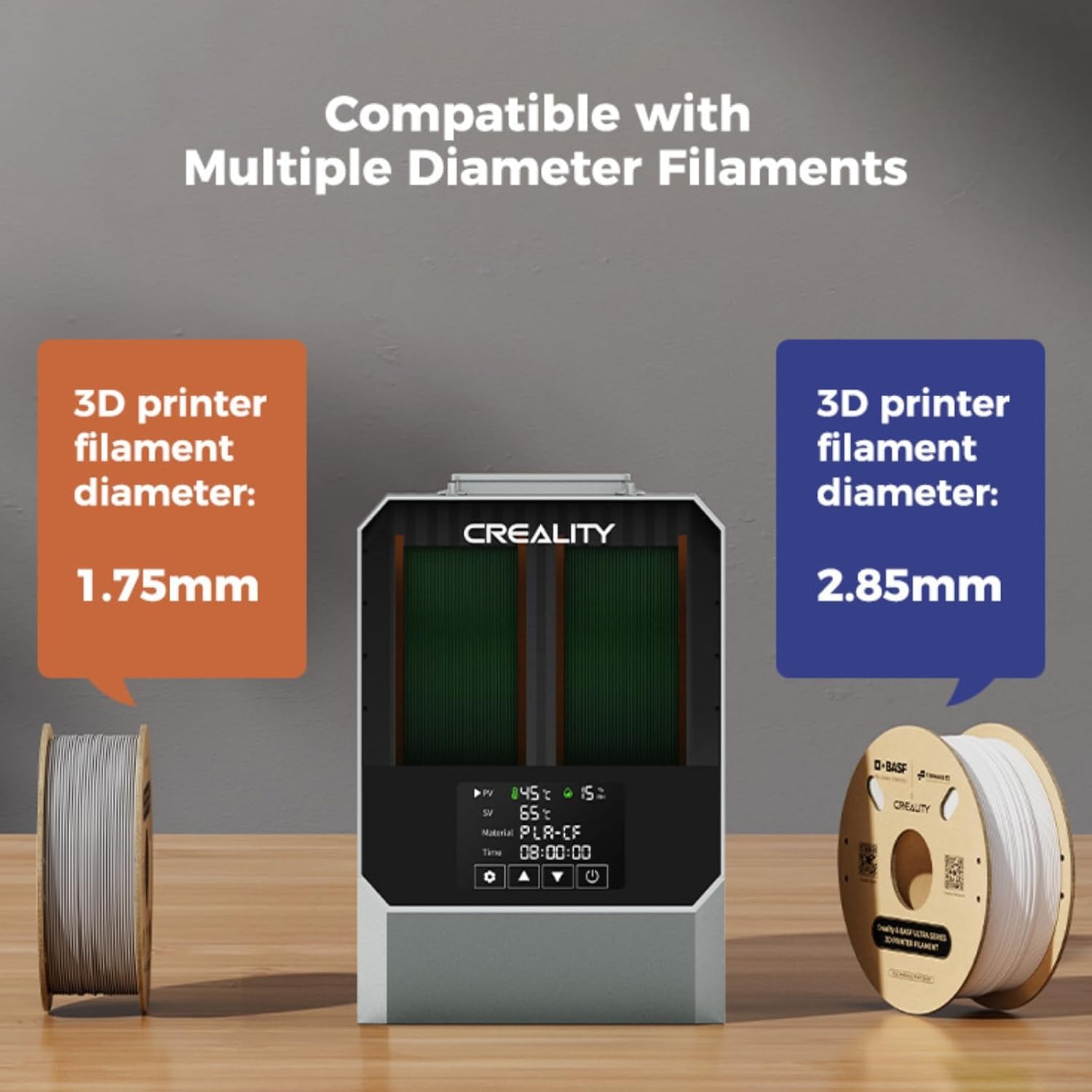 Filament dryer showing compatibility with 1.75mm and 2.85mm filament diameters