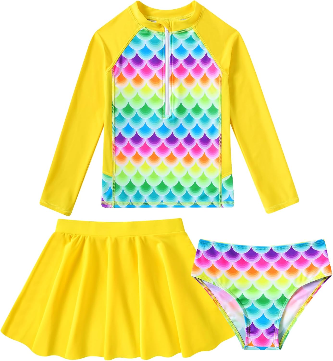 Girls Rash Guard 3 Piece Swimsuit Set UPF 50+ Long Sleeve Swim Skirt Sets Size 6-12 Years
