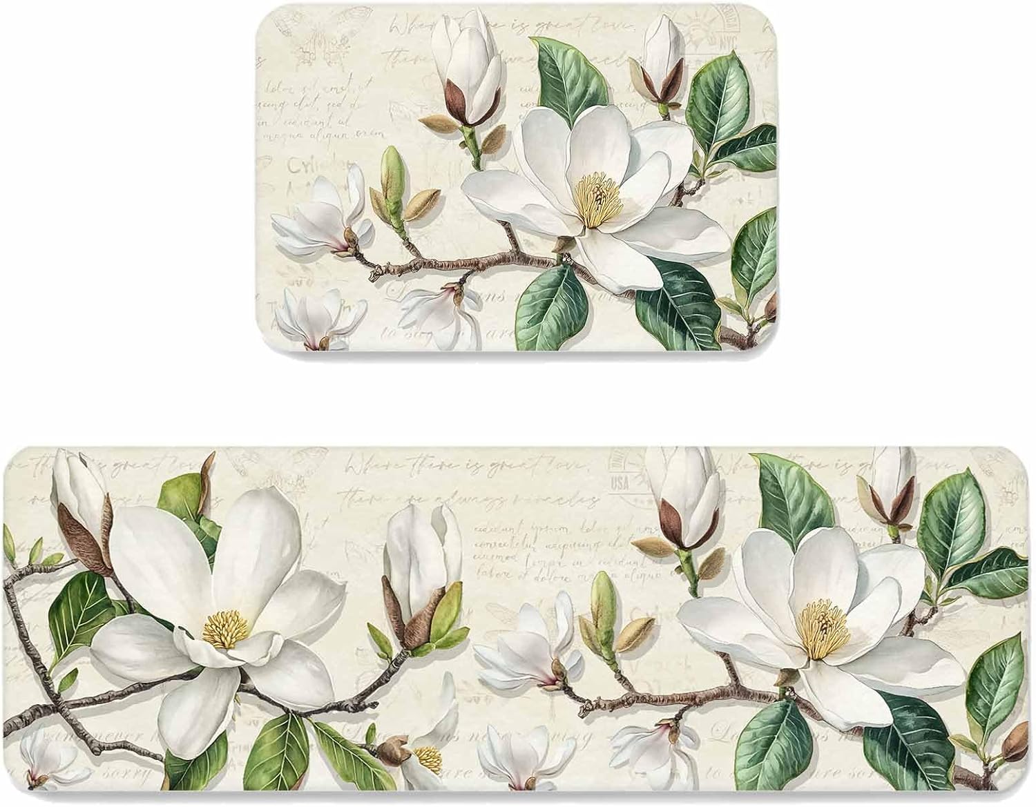 Prime Leader White Floral Kitchen Mat Set 2 Pieces Magnolia Bud Green Leaf Farmhouse Flowers Retro Non Slip Kitchen Rugs Washable Runner Rug Mats for Sink Laundry (15.7" x 23.6"+15.7" x 47.2")