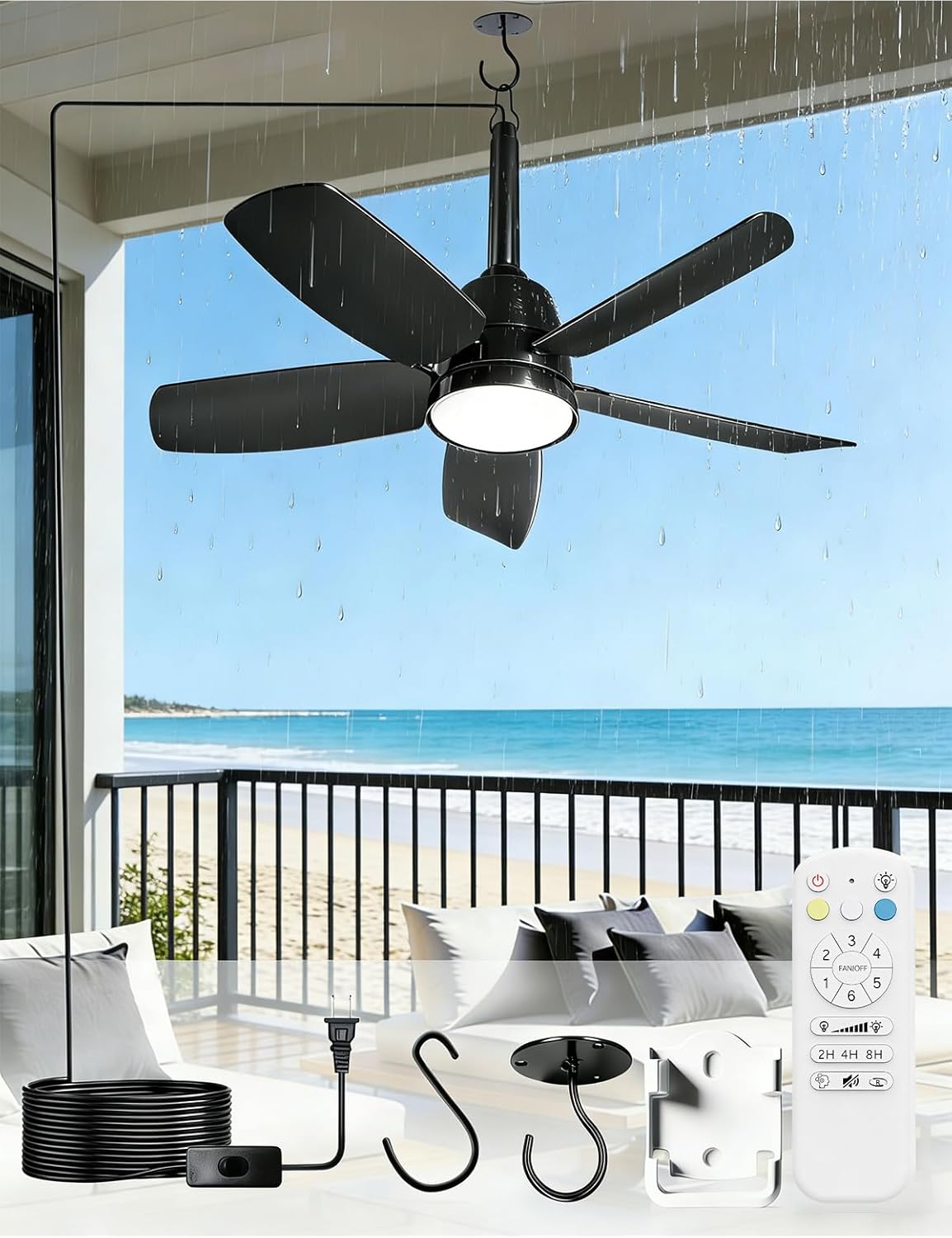 NWOP 28 Inch Plug-In Outdoor Ceiling Fan with Light and Remote, Waterproof Small Ceiling Fan for Patio Porch Balcony, 5 Blades Quiet Compact Ceiling Fan for Small Spaces, Black