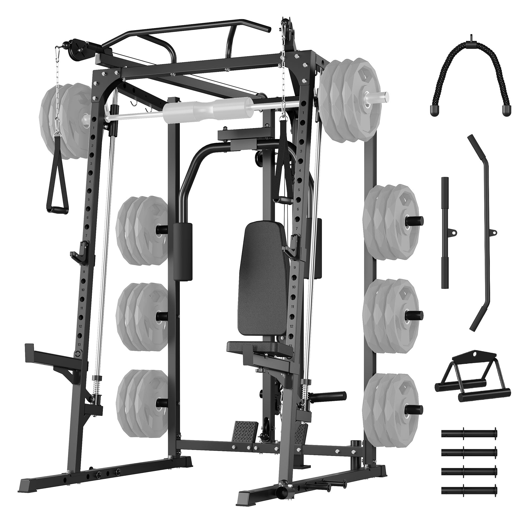 Smith Machine, 2000 LBS Multifunctional Power Rack with Dual Pulley System, Squat Rack for Home Gym, Power Cage for Strength Training with More Attachments