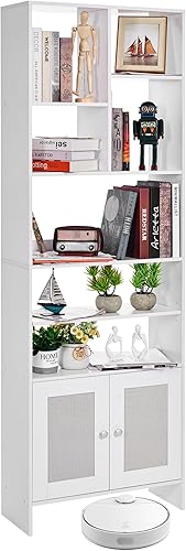 BEWISHOME Boocase de 6 niveles altos con puertas, estantería blanca con gabinete de gran espacio de almacenamiento, estantes para libros, estante