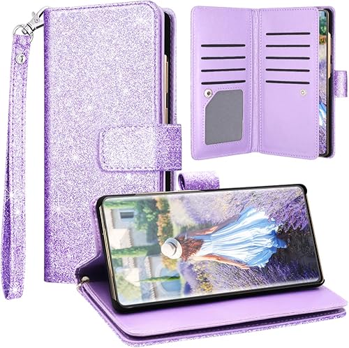 Miniatura 8 de Fingic Funda para Samsung Galaxy S22, Galaxy S22, cartera con 9 tarjetas de mármol de oro rosa, correa de muñeca desmontable de piel sintética, para