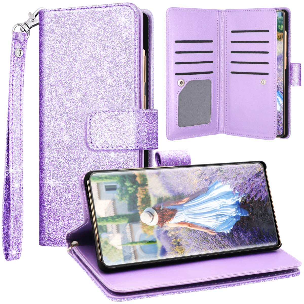 Fingic for Samsung Note 20 Case,Galaxy Note 20 Wallet Case,Glitter Sparkle Cover 9 Card Holder PU Leather with Kickstand Wrist Strap Protective Case for Women for Samsung Galaxy Note 20(2020),Purple