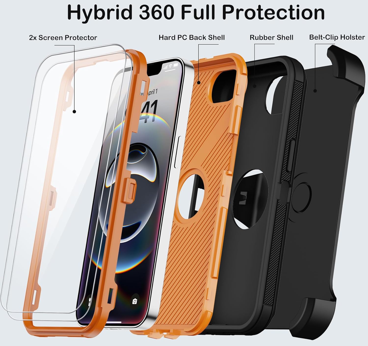 for iPhone 16e Case with Belt Clip Holster,Screen Protector X2,Heavy Duty Shockproof Drop Protection Military Grade 3 Layers Full Covered Rugged Durable Phone Cover for Apple 16e (Black Orange) - Image 3