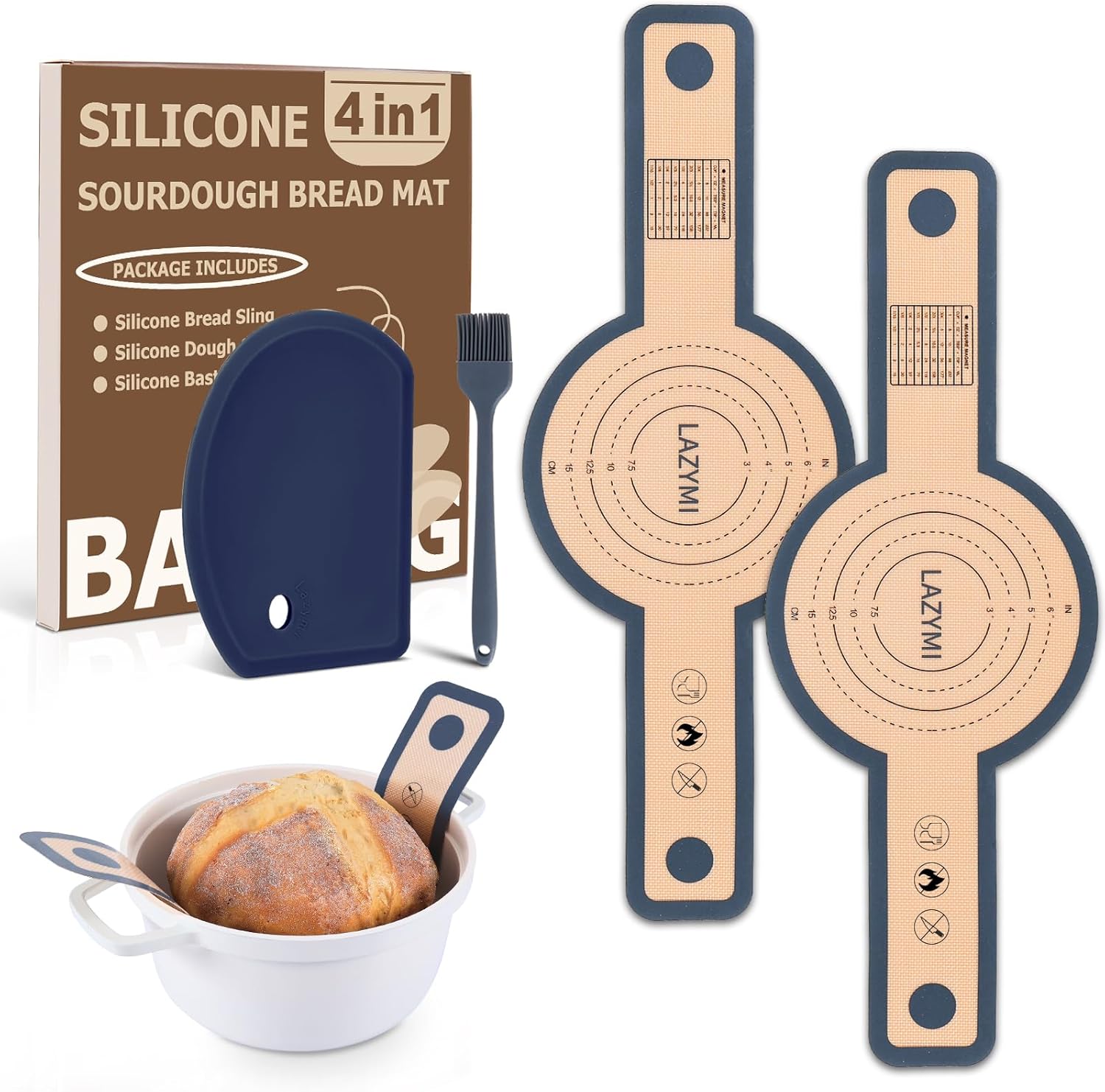 Silikon Backmatte für Dutch Oven 2 Stück, Wiederverwendbare Silikon Backmatte Brot mit Langen Griffen für Brottopf, Teigmatte mit Teigschaber&amp;Backpinsel, Brotmatte für Backofen, Dunkelgrau