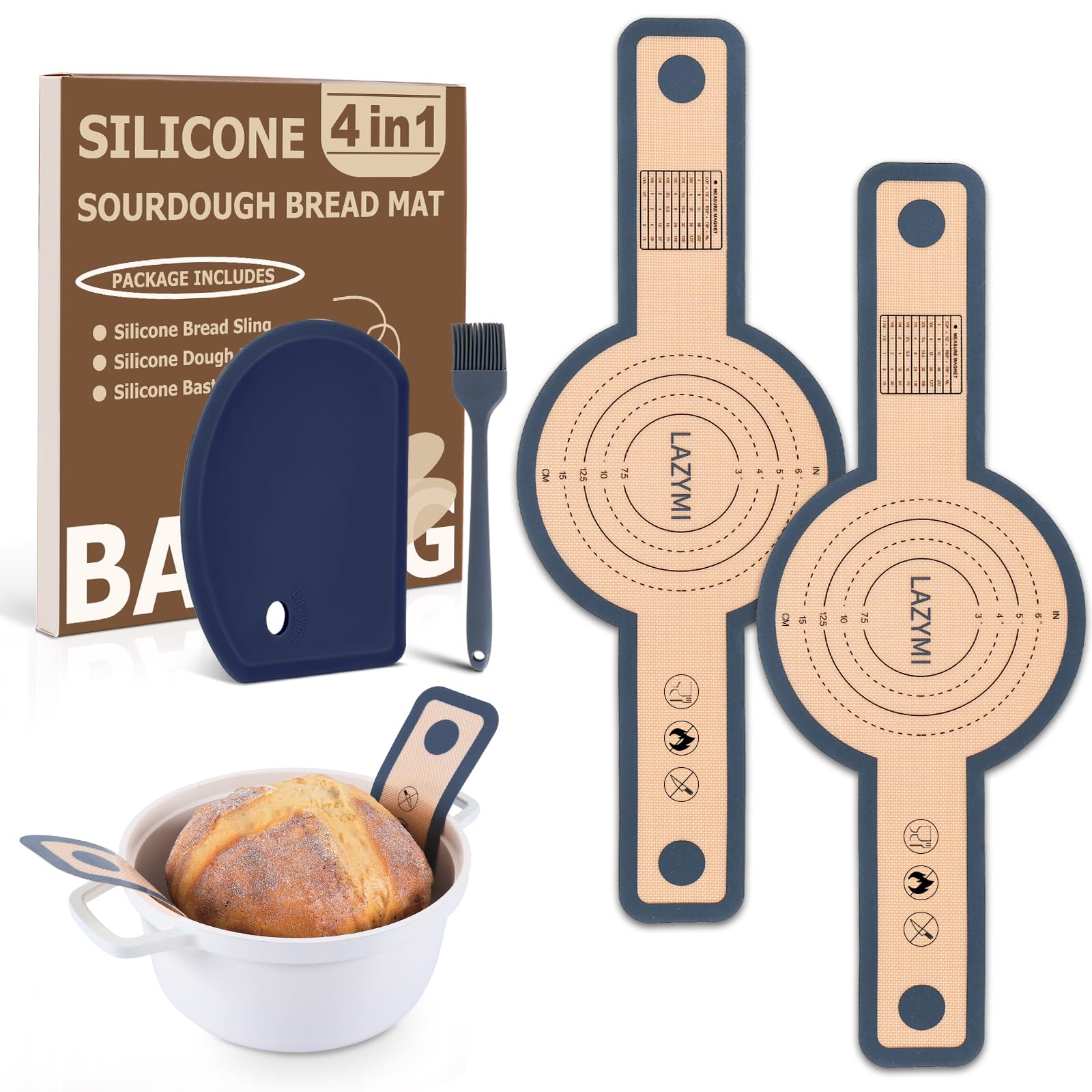 2PCS Silicone Bread Sling for Dutch Oven, Reusable Baking Mat with Long Handle for Transferring Sourdough, Baking Sling with Dough Scraper & Silicone Brush, Dark Grey