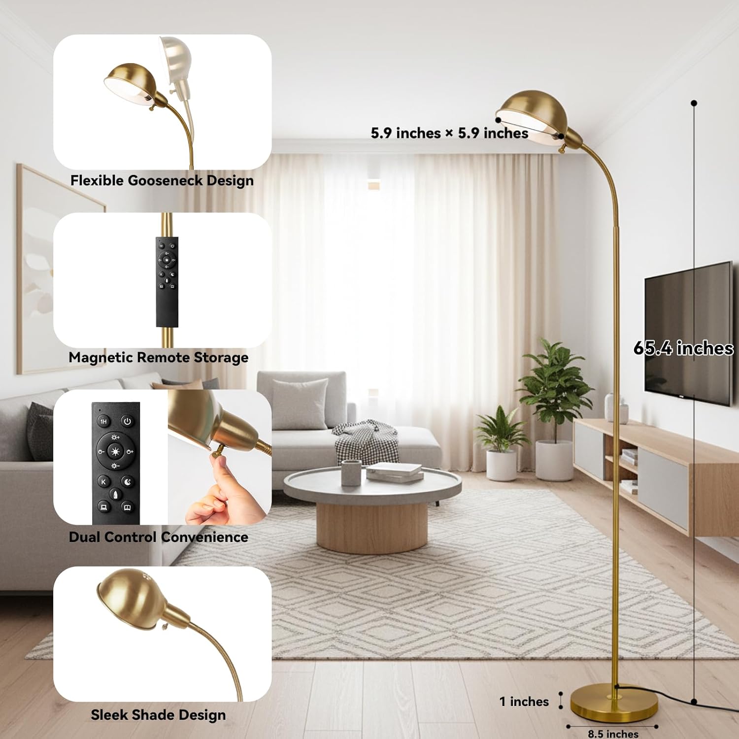 Dimmable Floor Lamp with Remote, Color Temperatures and Brightness Adjustable, Flexible Floor Lamp with Rotating Head, Modern Style Standing Tall Lamp, E26 Socket (Gold-Remote)