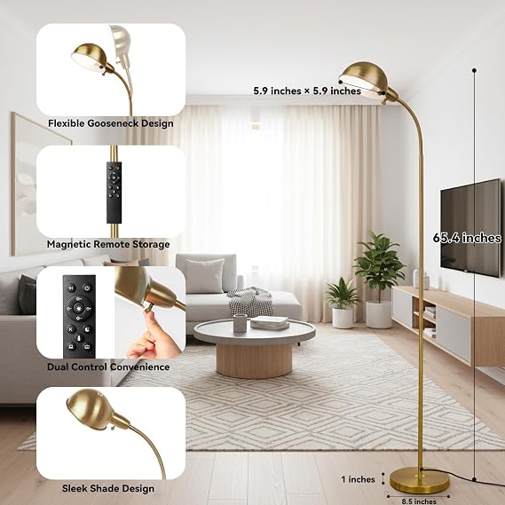 LALISU Modern Metal Dimmable Reading Floor Lamp with Remote, GoldRemote