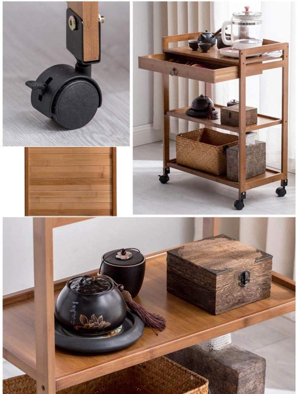 Carrito de Servicio de Madera de bambú con cajones y Ruedas para Almacenamiento en la Cocina. Carrito para Buffet.