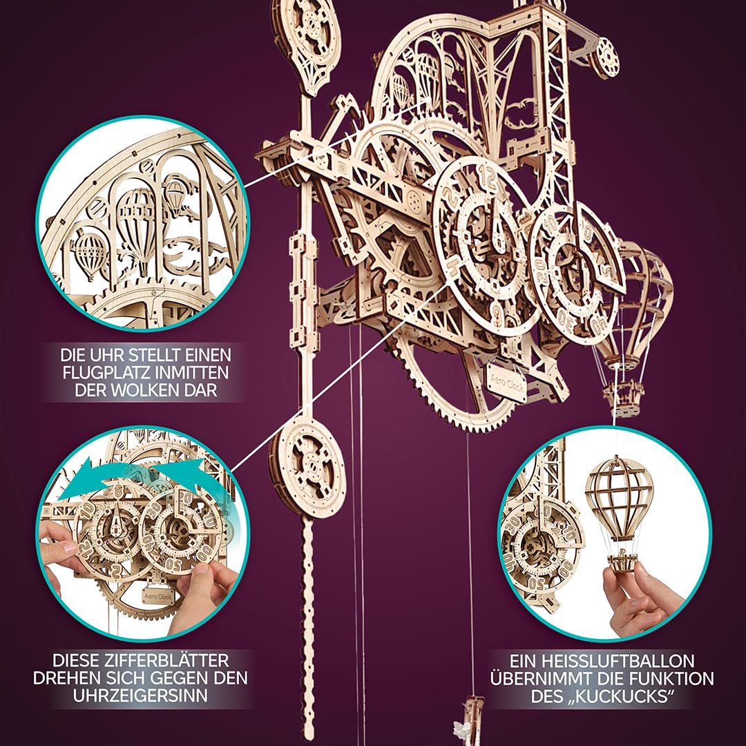 Ugears Aero Clock 3D Holzpuzzle Erwachsene - Wanduhr Modellbausatz Erwachsene - Mechanische Pendeluhr Bauset mit Schwerkraft-Antrieb Holz Modellbau 3D Puzzle Geburtstagsgeschenk- 320 Teile