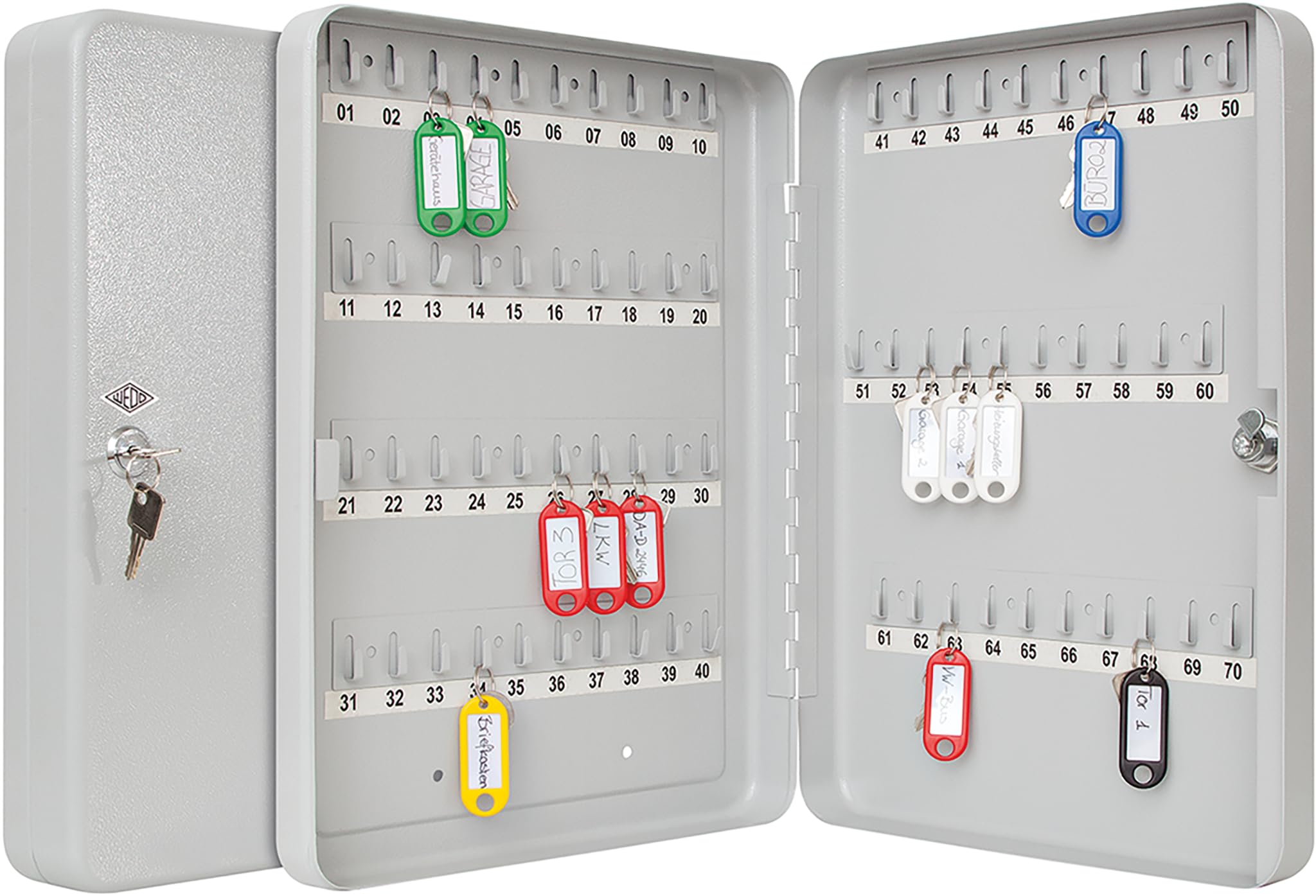 WEDO Schlüsselschrank 70 Schlüssel – kompakte Schlüsselbox aus pulverbeschichtetem Stahl, platzsparend & sicher – inkl. Sicherheitsschloss, 2 Schlüssel + Wandmontage Set
