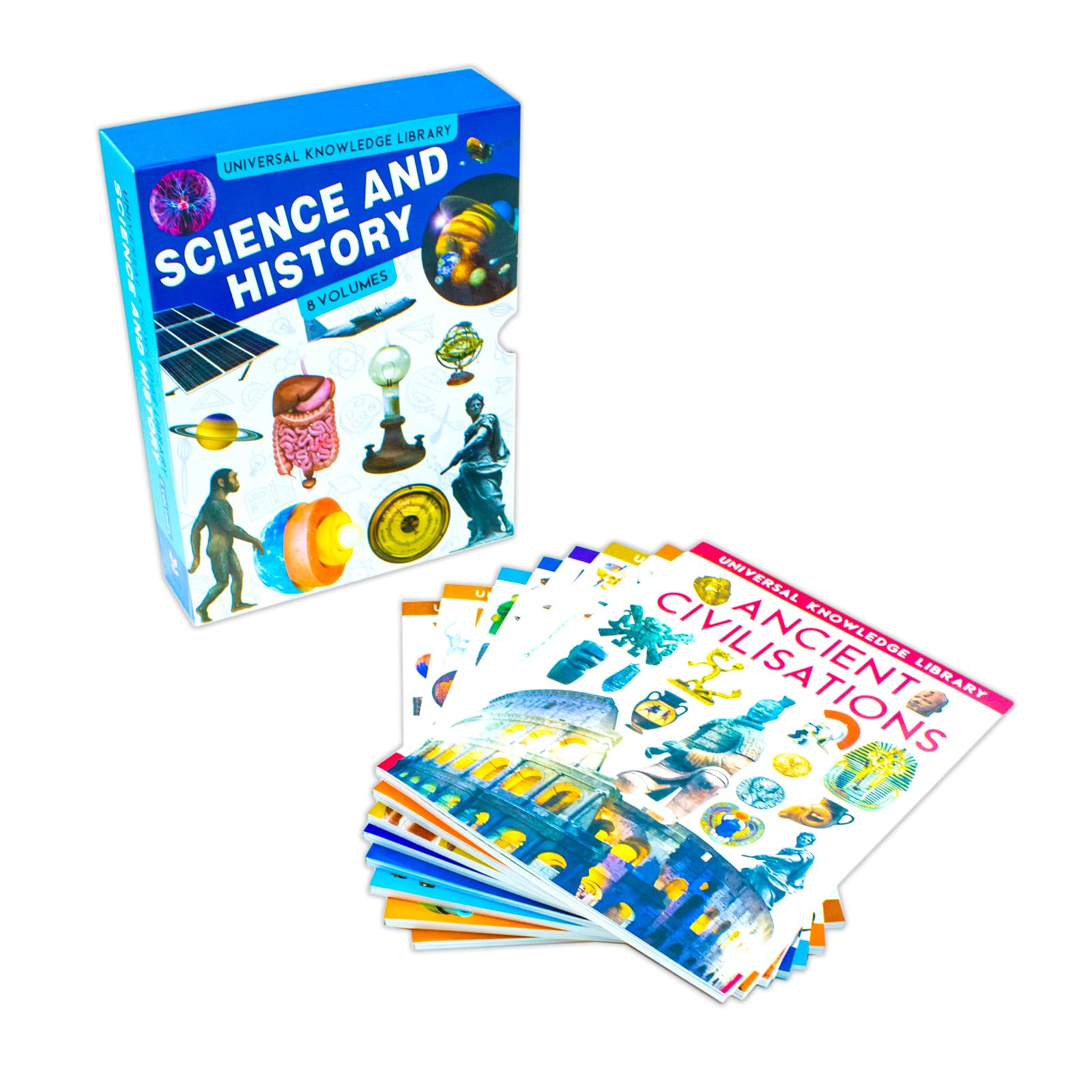Universal Knowledge Library Science and History 8 Volumes Book Collection Set: (Ancient Civilisations, Inventions, Prehistoric Life, Universe, Energy, Human Body, Planets, Weather)