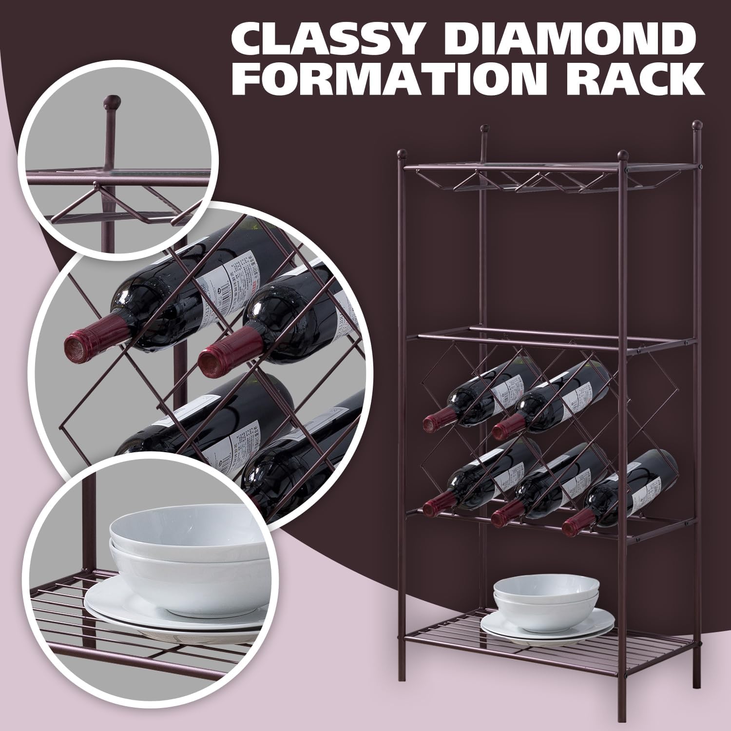 Kings Brand Furniture - Freestanding Floor Metal Wine Rack Stand, Wine Bottle Liquor Cabinet with Glass Holder & Storage Shelves – Bronze