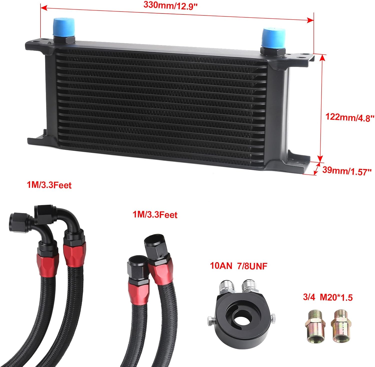 Universal 16 Row Oil Cooler Kit, 10AN Transmission Engine Cooler Kit —Stacked Plate universal racing aluminum engine transmission oil cooler — Engine British Radiator Oil Cooler Condenser （black）