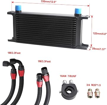 Universal 16 Row Oil Cooler Kit, 10AN Transmission Engine Cooler Kit Stacked Plate universal racing aluminum engine transmission oil cooler Engine British Radiator Oil Cooler Condenser (black)