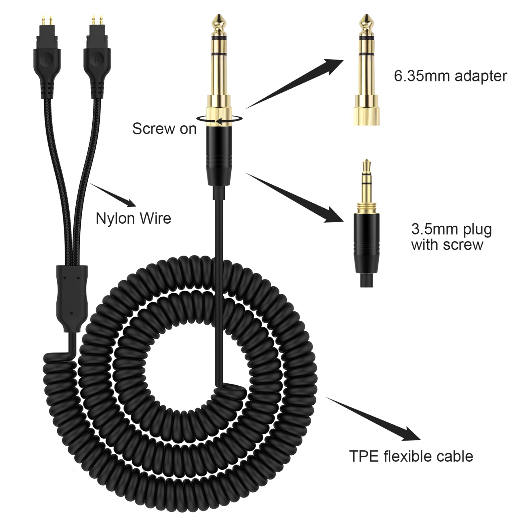 Wymienny spiralny kabel audio HD600 do Sennheiser HD650 HD580 HD660S HD6XX HD565 HD545 HD535, wtyczka 3,5 mm i adapter 6,35 mm 0,635 mm długości