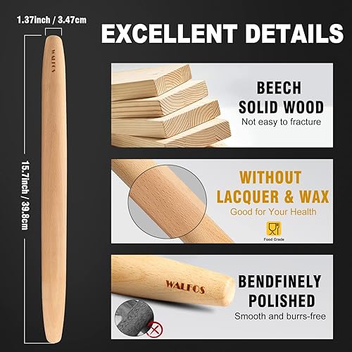 Miniatura 10 de Walfos Juego de mini rodillos  Rodillos de madera natural, rodillo de masa para hornear para pizza, pastel, pasta, pan, pastelería, sin