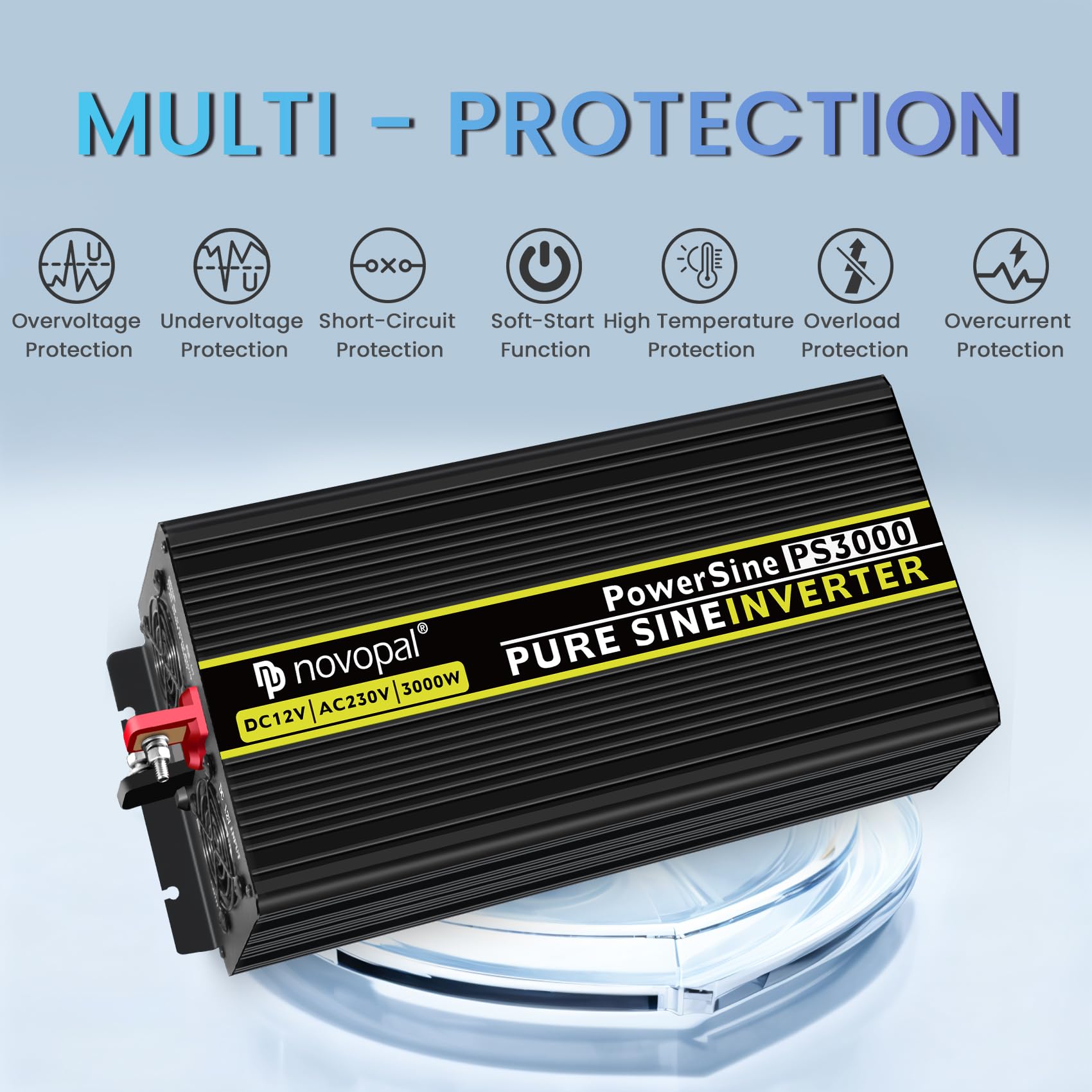 NOVOPAL 3000W/6000W Inversor 12V 220V Onda Pura Convertidor | 5M Mando a Distancia, 2.4A Puertos USB, 2EU AC para Camión, Coche, Caravana,Barco,Camping,Viajes