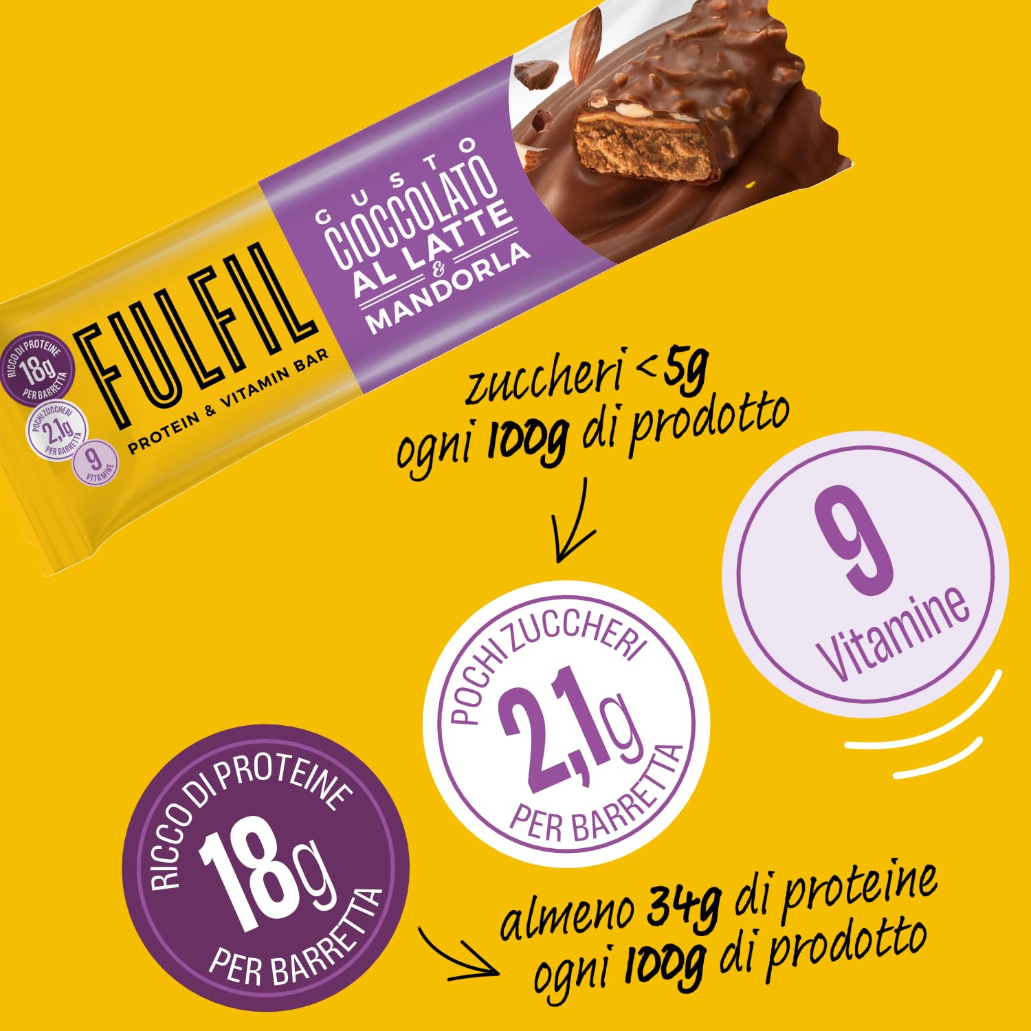 FULFIL - 15 Barrette Proteiche da 55 Grammi, Gusto Cioccolato al Latte e Mandorla con 9 Vitamine e Pochi Zuccheri, Confezione da 825 Grammi