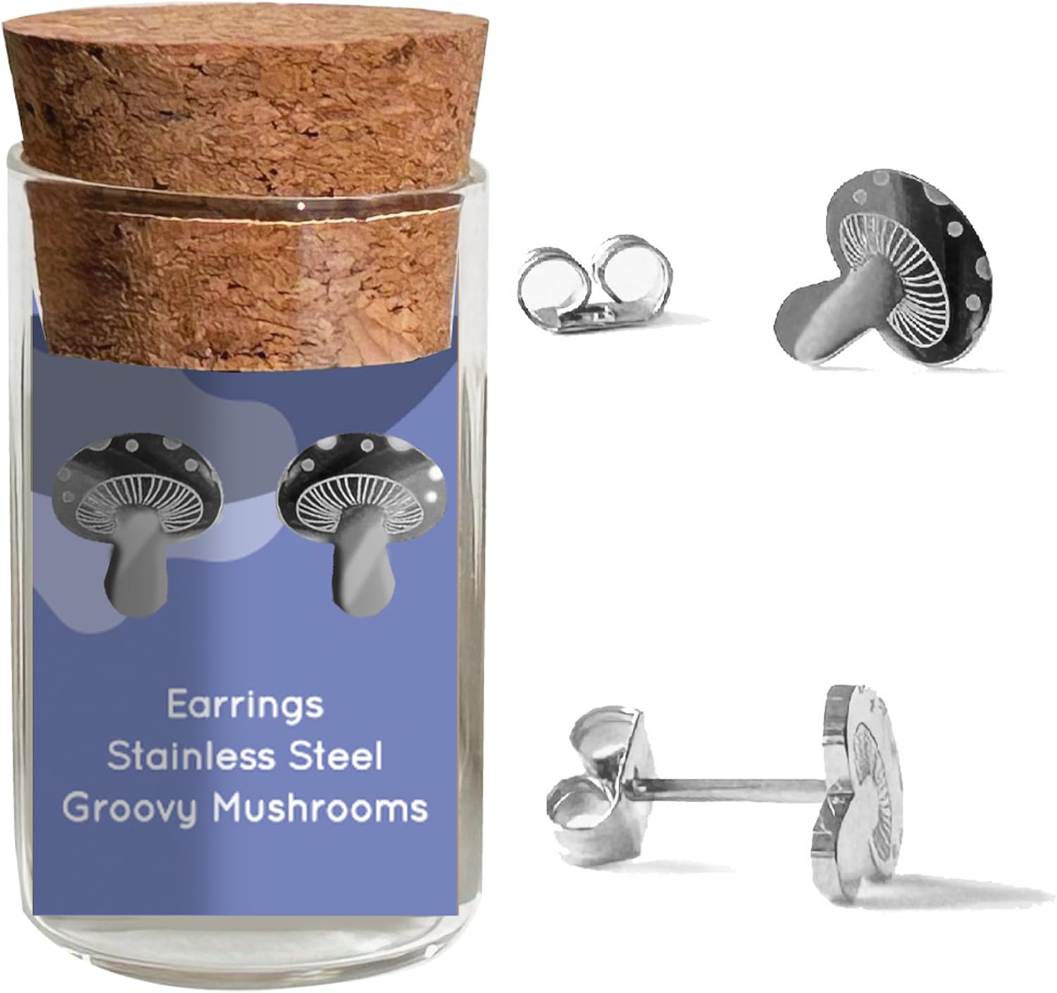 Groovy Mushroom Stud Earrings – Whimsical Nature-inspired Jewelry – Stainless Steel – 18k Gold – 18k Rose-Gold Plated – Cute Glass Jar Packaging – Plastic-Free
