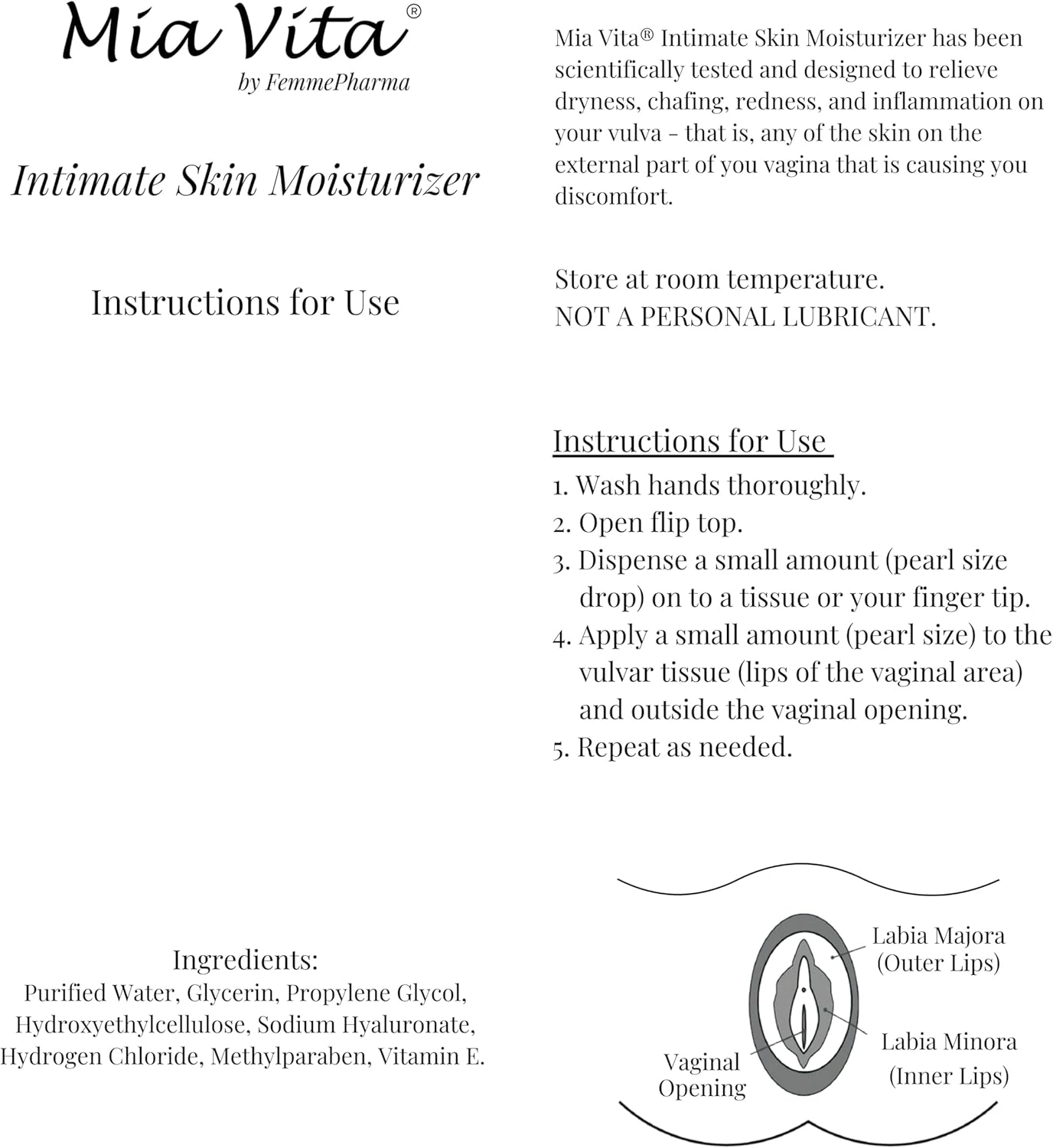 Mia Vita Intimate Skin Moisturizer Tube Women's Preferred Premium Hygiene Products Feminine Menopause Vaginal Dryness and Burning, Pack of 4 x 1 oz