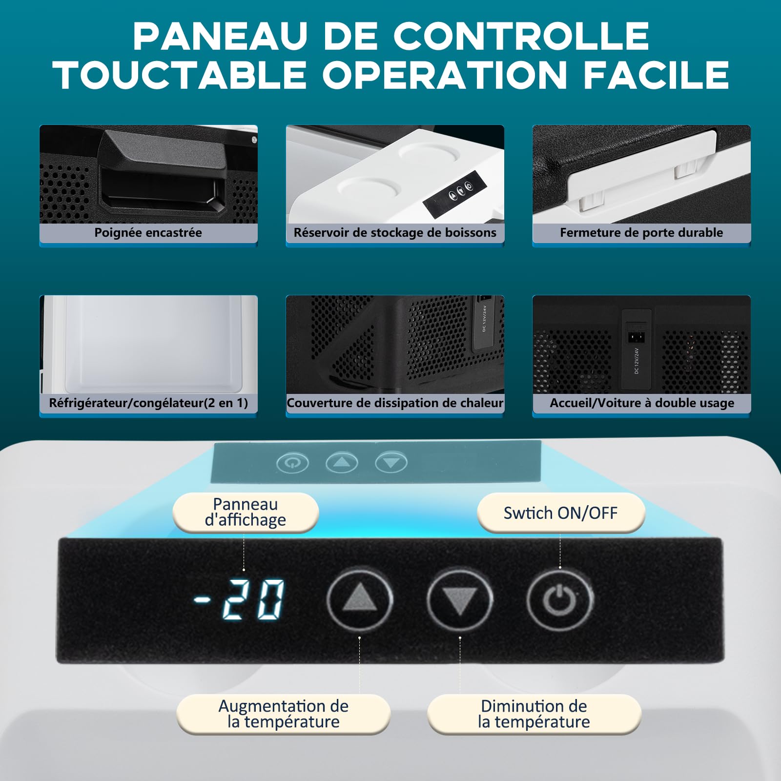KM20 20L Glacière Electrique Voiture, Portable à Compression Réfrigérateur de Voiture,12/24V Mini Frigo pour Maison, pour dortoir, Camping ou Pique-Nique en Plein Air, 20 à 20℃