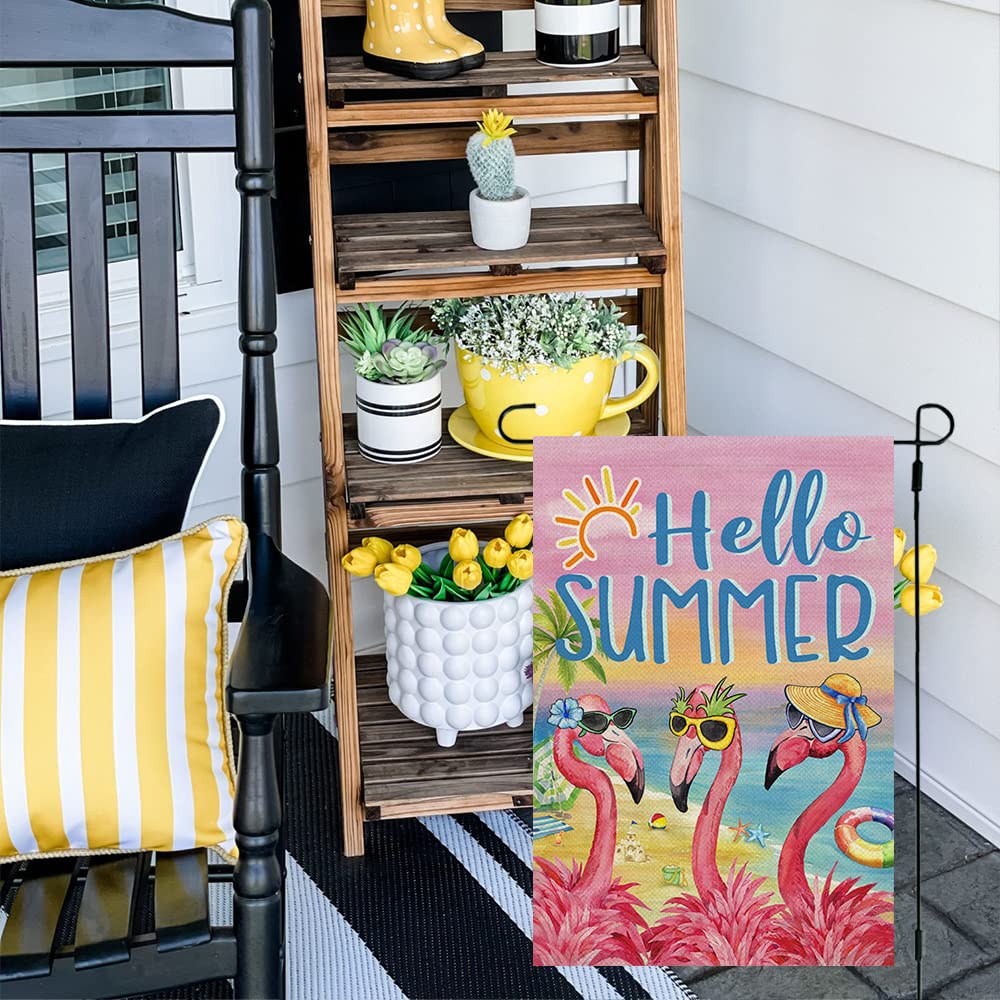 CROWNED BEAUTY Gartenflagge „Hello Summer“ – Flamingo-Design, Doppelseitig, 30,5 X 45,7 Cm, Wetterfest