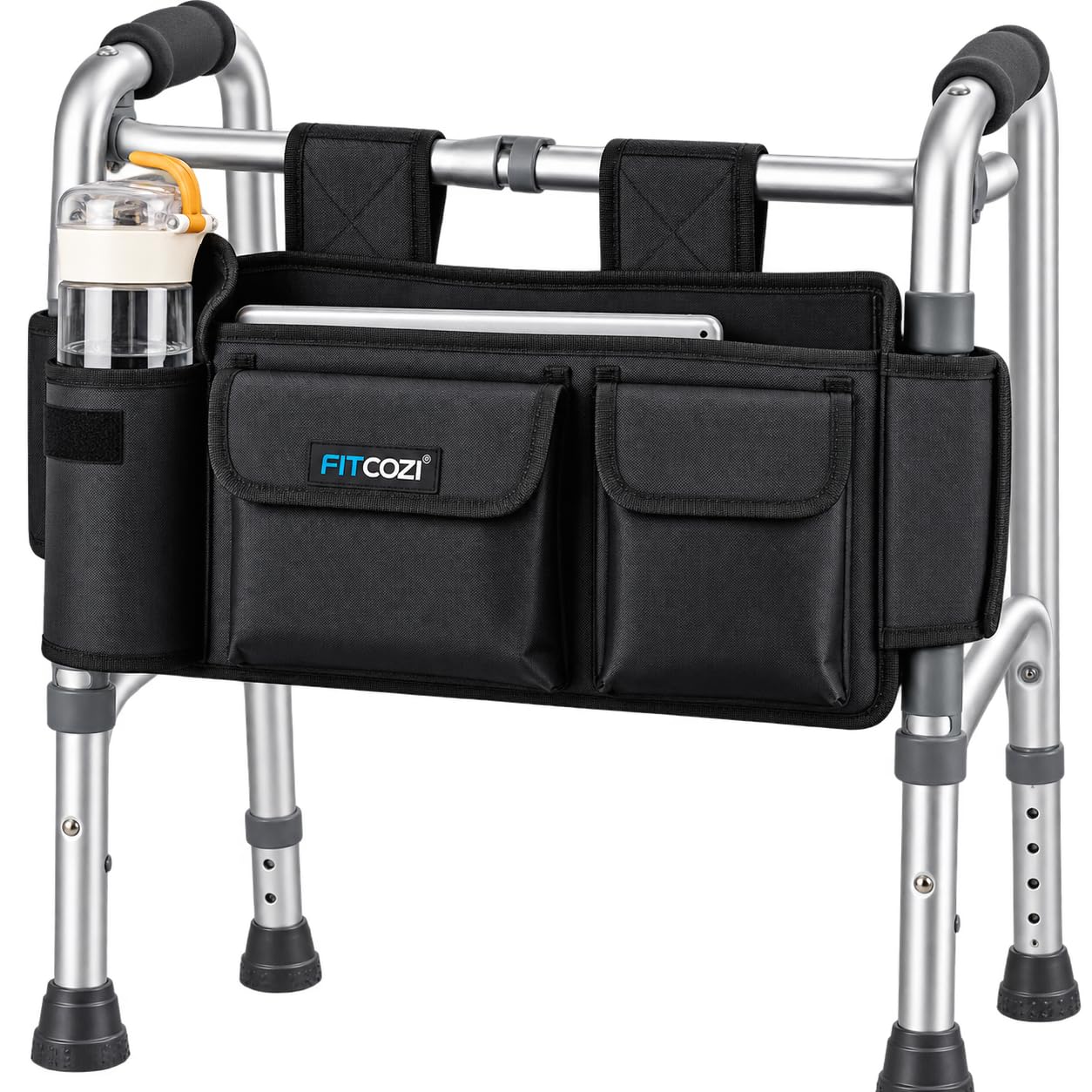 Fitcozi Walker Bag, Folding Walker Basket Organizer Pouch Tote with Multiple Pockets and Zippered Compartment for Walker Rollator Scooters Wheelchair, Hook & Loop Design Storage Bag (Black)
