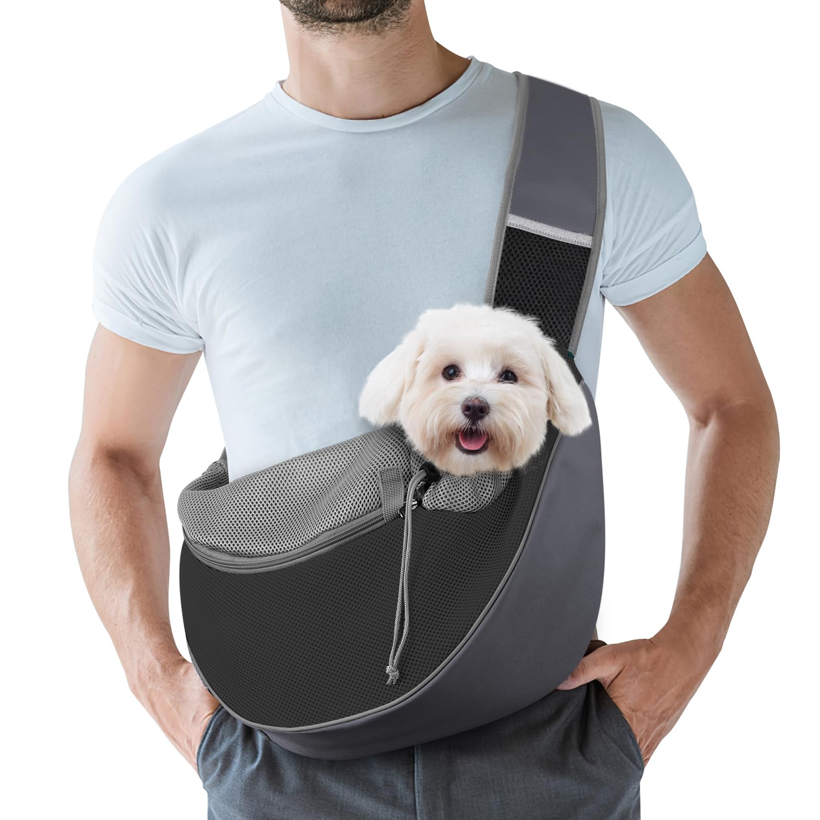 Pawaboo Zaino per Cani e Gatti, Contenitori da Trasporto per Cani, Trasportino da Passeggio con Cordino Regolabile, in Rete Traspirante e Comoda Tracolla, con 3 Tasche, Taglia S, Grigio Scuro + Nero