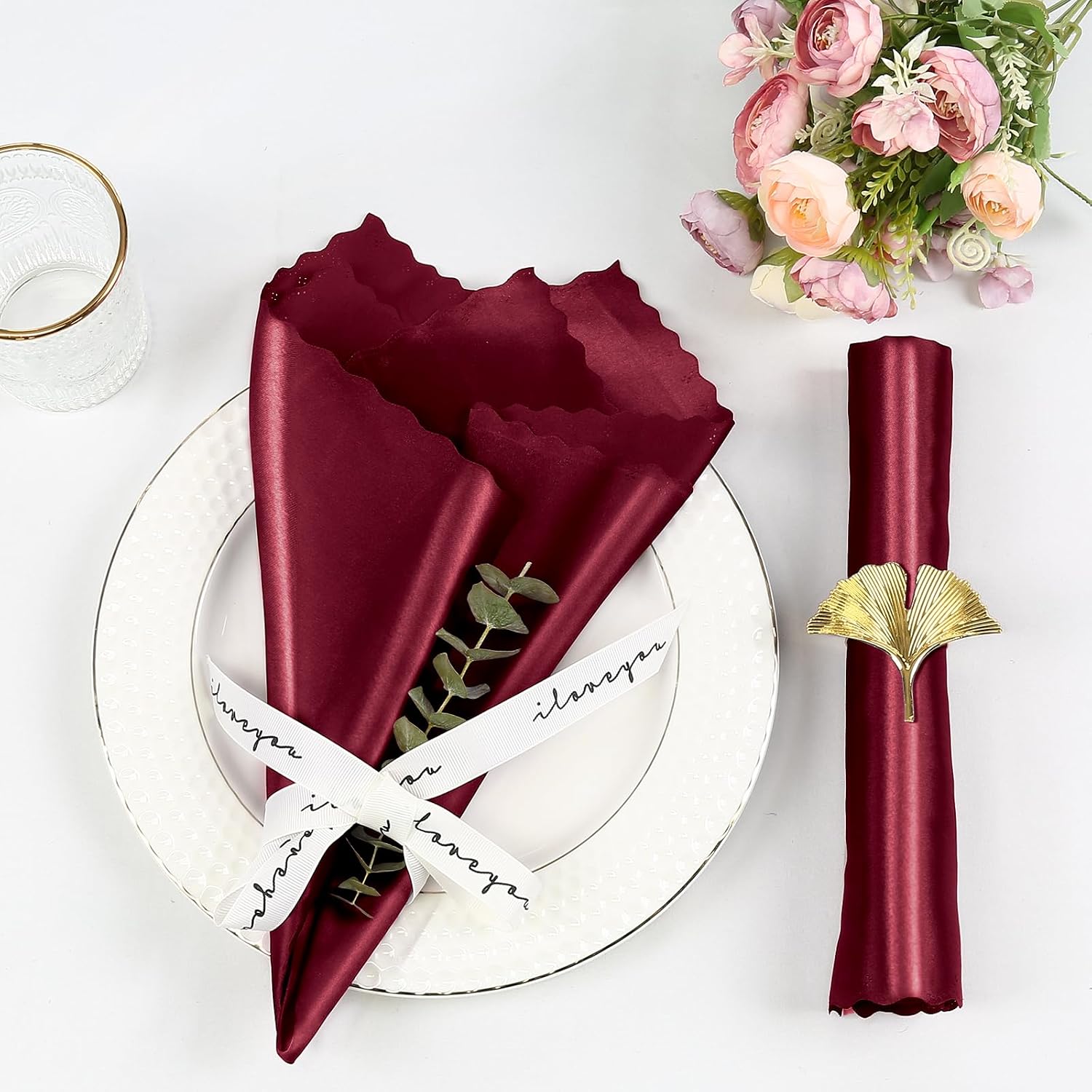 Homiest Burgundy Satin Napkins 20x20 Inch, 100 Pack Scalloped Edges